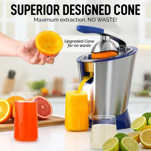 Miniatura 5 de Exprimidor Eléctrico de Cítricos Zulay - Hace Jugo Fresco de Naranja, Limón, Pomelo, Lima - Acero Inoxidable, 160W Potente y Silencioso, Conos Azul