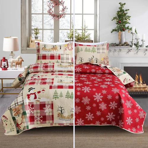 Miniatura 14 de Juego de colcha de Navidad de Smuge, tamaño king - Reversible, con diseño de alce, muñeco de nieve, árbol de Navidad, pequeña campana, rojo, verde