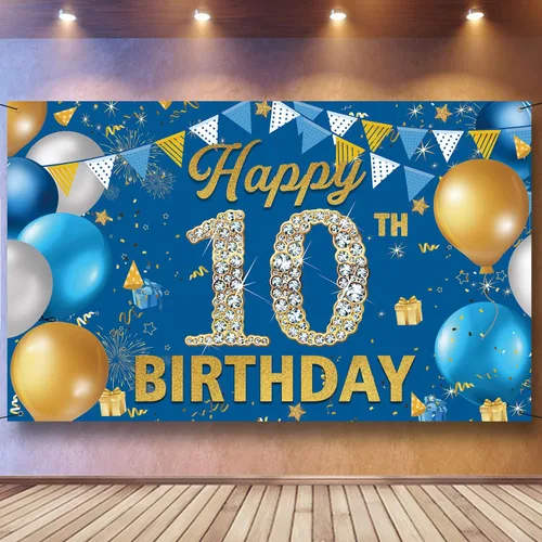 Cartel de fondo de decoración de cumpleaños número 10, decoración de feliz cumpleaños 10 para niños, fondo de fotografía de cumpleaños azul, cartel