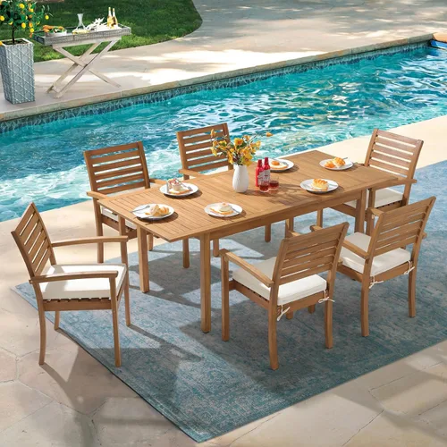 Miniatura 4 de OC Orange-Casual Juego de 2 sillas de comedor apilables para patio, sillas de madera de acacia para exteriores con reposabrazos y cojín de tela Beige