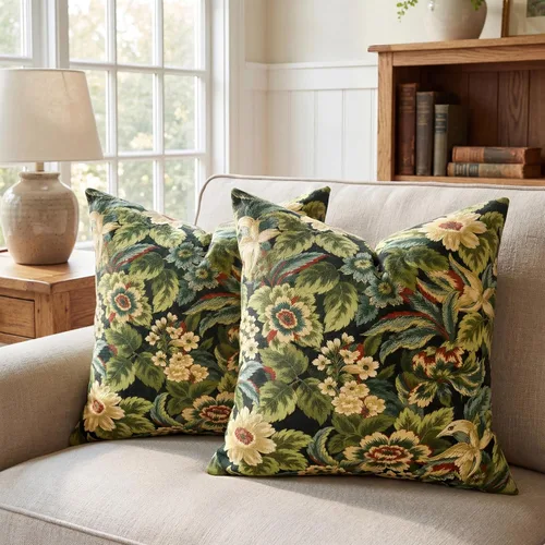 Juego de 2 fundas de almohada decorativas de lino de 18 x 18 pulgadas, estampado floral vintage de pájaro verde oscuro, estilo bohemio de primavera,