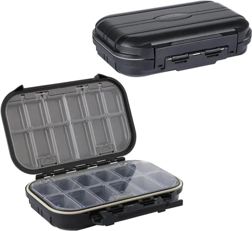 Goture Pequeña caja organizadora de aparejos de pesca con tecnología impermeable, compartimentos fijos, caja de almacenamiento de señuelos de