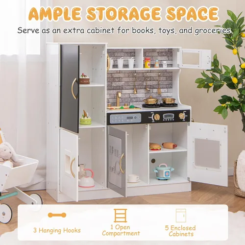 Miniatura 7 de Costzon Juego de Cocina para Niños, Set Grande de Juguete de Cocina de Chef de Madera con Sonidos y Luces Reales, Microondas, Pizarra, Horno, Blanco