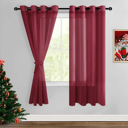 Miniatura 77 de Hiasan - Cortinas traslúcidas de gasa cortas semitransparentes con ojales y alzapaños filtrantes de luz para ventana, dormitorio, baño, 2 paneles