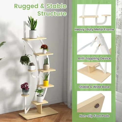 Miniatura 3 de Soporte de metal para plantas de 6 niveles, estante para plantas en forma de media luna para interiores con colgador y dispositivo antivuelco