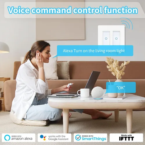 Miniatura 3 de Milfra Interruptor táctil inteligente de 2 vías, 2 posiciones, blanco, compatible con Alexa y Assistant, no requiere concentrador