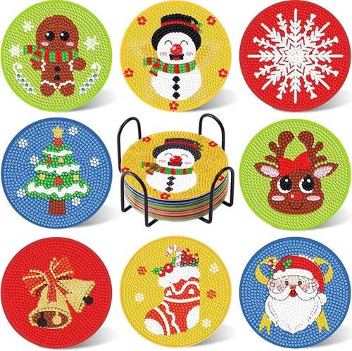 FOWSEEK 8 Piezas Posavasos de Arte de Pintura de Diamantes de Navidad, Kit de Posavasos de Arte de Diamante DIY con Soporte para Adultos