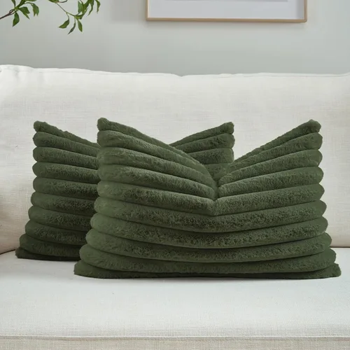 Miniatura 68 de FUTEI - Juego de 2 fundas de almohada decorativas con rayas, cuadradas, para invierno, piel sintética de conejo suave y acogedora y respaldo