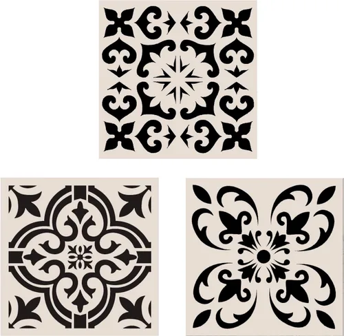 3 plantillas de azulejos de 12 x 12 pulgadas – Plantillas grandes de pintura para muebles de pared de suelo, tela de madera, plantillas de mandala