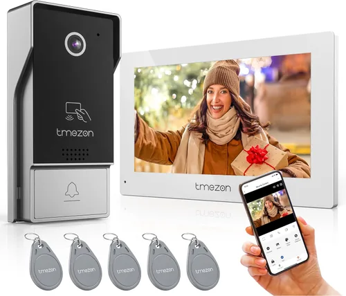 TMEZON 4-Wire 7 pulgadas Tuya 1080P WiFi Smart Video DoorPhone sistema de intercomunicación con cable Timbre contraseña/tarjeta deslizar pantalla