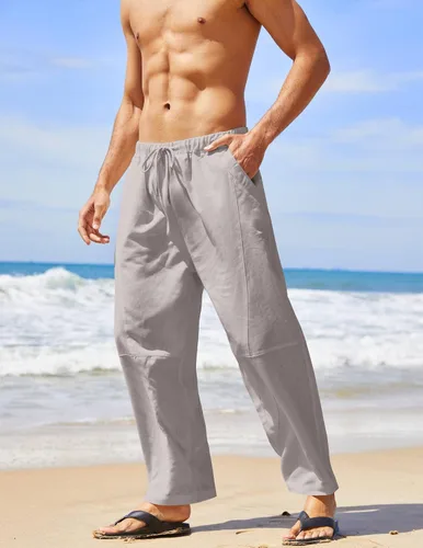 Miniatura 3 de COOFANDY Pantalones harén de lino con cordón para hombre, cintura elástica, ligeros, pantalones hippie, verano, playa, yoga