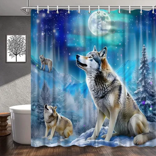 Miniatura 3 de Cortina de ducha con diseño de lobo, nieve, invierno, bosque, montaña, luna llena, vida silvestre, animales, decoración de baño, cortinas de tela