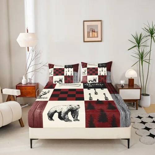 Miniatura 4 de Rustic Lodge - Juego de sábanas tamaño individual con diseño de oso y alce, diseño de retazos, color rojo y negro, a cuadros, ropa de cama de Multi