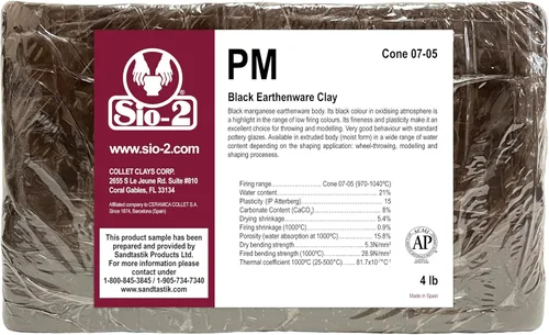 SIO-2 PM - Arcilla de cerámica negra de bajo fuego, 4 libras (cono 07-05) arcilla de modelado natural para lanzamiento de ruedas y construcción PM