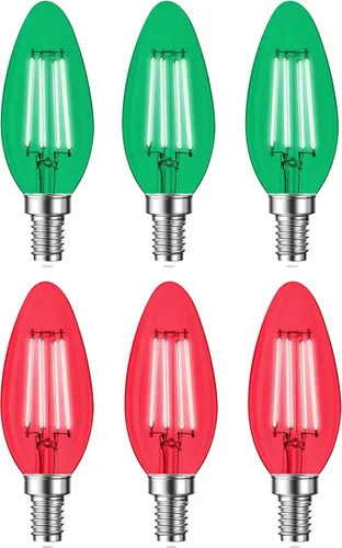 Paquete de 6 bombillas LED de filamento E12 para Navidad, 4 W, equivalente a 40 W, base de candelabro E12, decoración LED vintage, bombillas rojas y