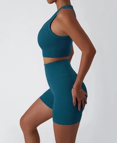 Miniatura 93 de Conjuntos de entrenamiento para mujer, 2 piezas, sin costuras, acanalada, sin mangas, brasier deportivo, cintura alta, pantalones cortos