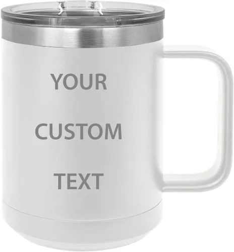 Vaso de viaje de acero inoxidable de 15 onzas con aislamiento de texto personalizado, taza de café para beber auto, asa, tapa deslizante, Blanco