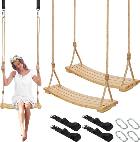 Miniatura 8 de Hollowfly 2 Piezas Asiento de Columpio de Madera Carbonizada Colgante Columpio de Árbol de Madera con Cuerda Ajustable Anticorrosivo Impermeable