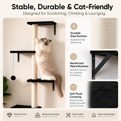 Miniatura 3 de Muebles modernos para gatos montados en la pared, 5 estantes de pared para gatos, escalador de madera incluye casa, puente, árbol, escalones