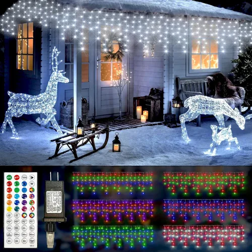 Luces de carámbano de Navidad de 49 pies, 128 funciones, para exteriores, con 504 LED, 8 modos y temporizador, cortina de luces para exteriores,