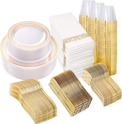 Miniatura 10 de Juego de vajilla dorada de 700 piezas, juego de vajilla desechable transparente para 100 invitados para fiestas, bodas, incluye: 200 platos Dorado