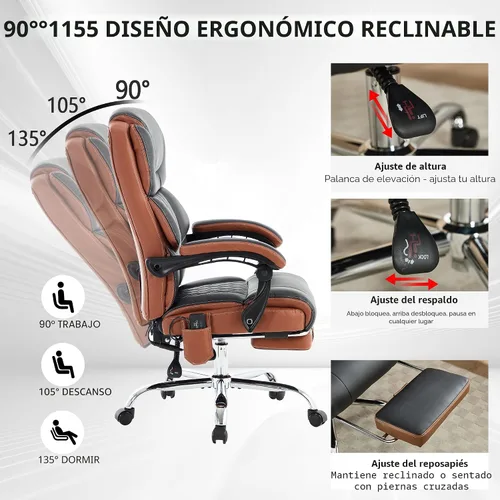 Miniatura 4 de Silla de oficina de masaje de 6 puntos, 500 libras con reposapiés, silla de escritorio reclinable de cuero con calor por vibración, sillas Negro