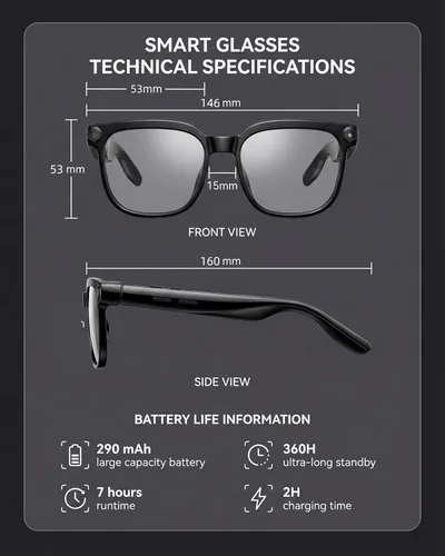 Miniatura 7 de Lentes inteligentes AI con cámara y audio, gafas de grabación de video HD 4K, gafas de cámara de 8 MP para hombres y mujeres, voz AI, traducción