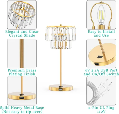 Miniatura 7 de Lámpara de noche para dormitorio, lámpara de mesa de cristal dorado de 18 pulgadas, gotas de cristal transparente Tiffany, puerto de carga USB
