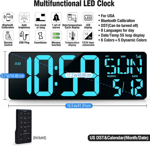 Miniatura 3 de TXL Reloj de pared digital grande de 17.2 pulgadas, sincronización Bluetooth, reloj de pared LED con fecha y temperatura, temporizador de cuenta