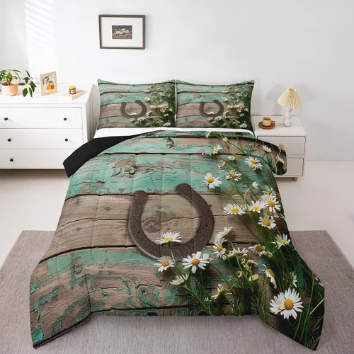 Miniatura 2 de Juego de ropa de cama rústica de granja color verde azulado con puerta de granero de madera, edredón de plumas tamaño Queen, decoración occidental