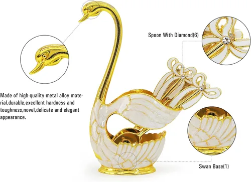 Miniatura 6 de Flylin Juego de cucharas de postre de café, soporte con base de cisne con 6 cucharas de helado, cucharaditas de café, postre y azúcar, cubiertos