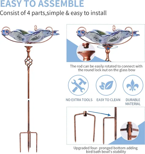 Miniatura 6 de VCUTEKA Comedero y bebedero de cristal para pájaros, para exteriores, baño de pájaros con estaca de metal, decoración de jardín Azul-2