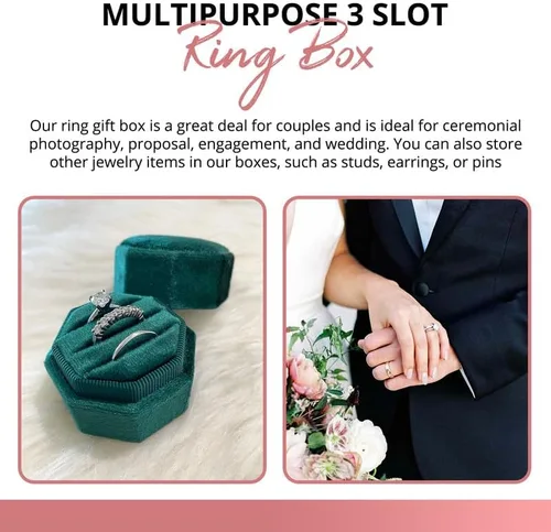 Miniatura 6 de Caja de terciopelo para anillos de alta calidad para ceremonia de boda con tapa desmontable, elegante y bonita caja para anillos de boda, 3 ranuras