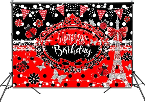 Miniatura 2 de Telón de fondo de cumpleaños de 7 x 5 pies, torre Eiffel, mariposa, rojo y negro, decoración de fiesta de feliz cumpleaños para niña, luces