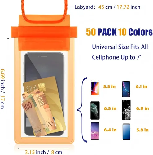 Miniatura 2 de Flutesan Paquete de 50 bolsas transparentes impermeables para teléfono, funda universal impermeable para teléfono, bolsa seca con cordón