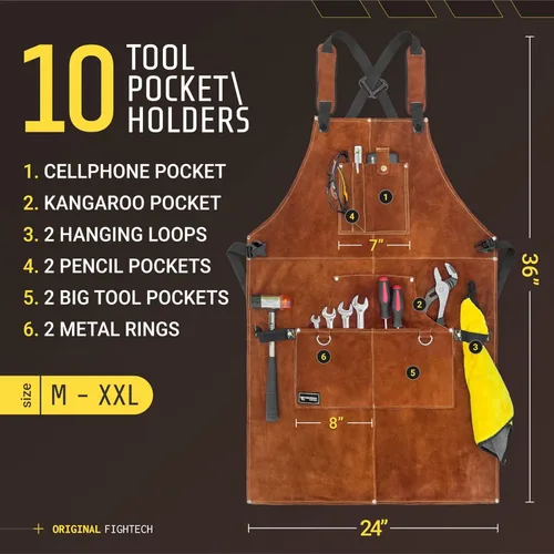 Miniatura 4 de Delantal de taller FIGHTECH - Delantal de trabajo pesado para carpintería para hombres con bolsillos para herramientas para carpinteros, herreros