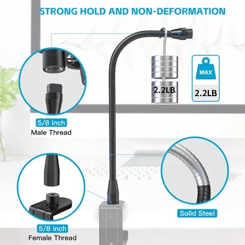 Miniatura 5 de ZealSound Brazo de manguera de metal multifuncional, cuello de cisne de micrófono de 13 pulgadas, extensión de soporte para soporte de piso