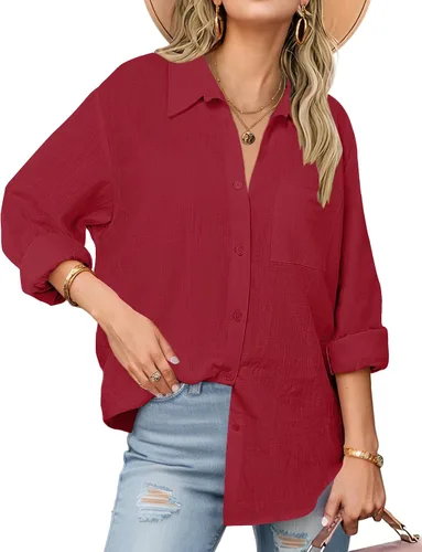 Miniatura 20 de Zeagoo - Blusas de lino con botones para mujer, de gasa, algodón, manga larga, blusas informales con cuello, corte holgado