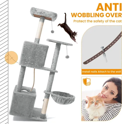 Miniatura 4 de Torre de árbol para gatos de varios niveles de 54 pulgadas con hamaca, condominios y postes rascadores, muebles grandes para gatos