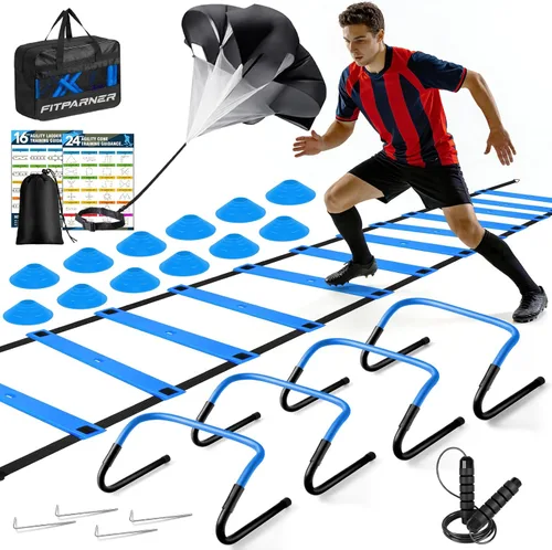 Agility Ladder, Soccer Football Training Equipment Set - 20ft Speed Ladder, 4 Hurdles,Parachute, 12 Cones & Jump Rope | Agility & Speed Training for