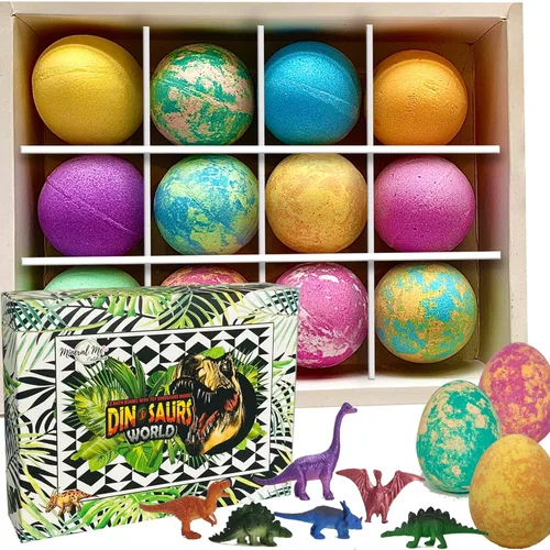 Miniatura 9 de Bombas de baño para niños con sorpresa en el interior, 12 bombas de baño de dinosaurios con juguetes, rociadores de baño de burbujas orgánicas Huevo