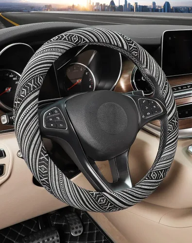 Miniatura 9 de SEG Direct Funda bohemia para volante con tela de manta Baja, cubierta para volante de estilo étnico hecha de lino grueso, se adapta a volantes