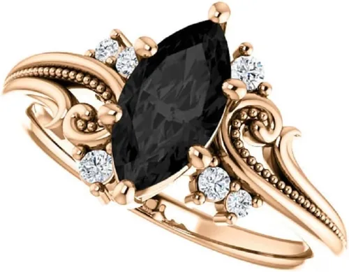 Love Band - Anillo de compromiso marquesa negro floral vintage de 1.50 quilates, oro rosa de 14 quilates, anillo de ónix negro de filigrana, anillo