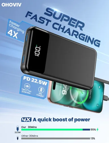 Miniatura 2 de Cargador portátil, banco de energía de 50000 mAh con cables incorporados, paquete de batería de carga rápida de 22.5W, cargador de teléfono portátil