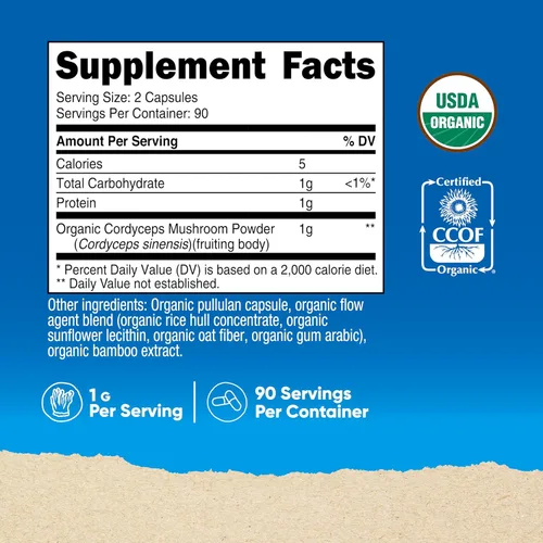 Miniatura 2 de Nutricost Cordyceps - Cápsulas de hongos de 1100 mg, 90 serv – Certificado CCOF fabricado con orgánico, sin gluten, 550 mg por cápsula (180 cápsulas)