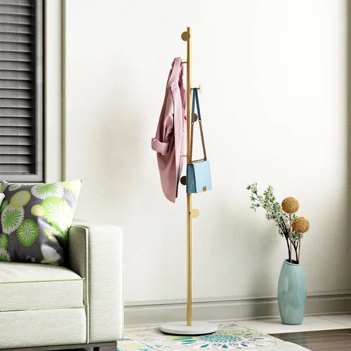 Miniatura 14 de DOORXIFO Perchero dorado con base blanca, estante de entrada independiente con 3 ganchos, perchero en forma de L para chaquetas, sombreros, ropa