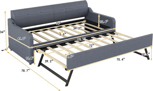 Miniatura 2 de Sofá cama individual con nido, sofá cama de tapicería con diseño de carga USB, nido puede ser plano o erigido, gris