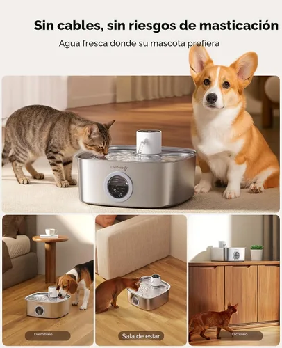 Miniatura 2 de Fuente de agua inalámbrica para perros, fuente de agua operada por batería de 5000mAh para perros, fuente de agua de acero inoxidable para gatos