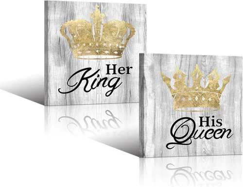 HOMOEART - Decoración de pared de rey y reina, pintura de corona dorada, lienzo impreso para decoración de pared de dormitorio, cuadro enmarcado