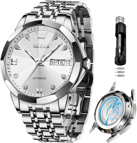 Miniatura 20 de OLEVS Reloj de pulsera automático con diseño de esqueleto para hombre, de lujo, con diamantes de lujo, de acero inoxidable, calendario, reloj